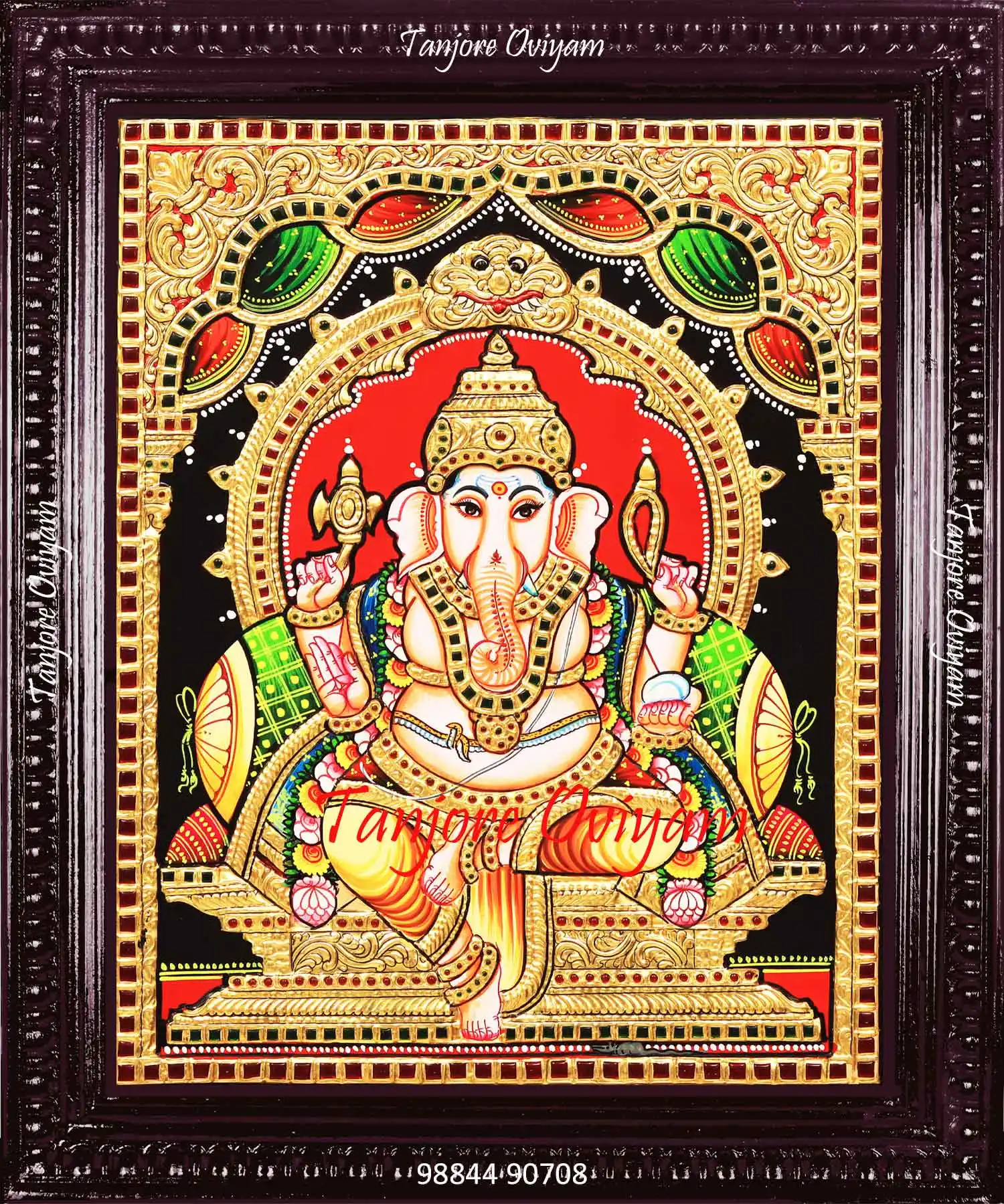 Handcrafted Ganesha Tanjore painting with seated Lord Vinayagar, gold foil work and traditional Thanjavur art detailing